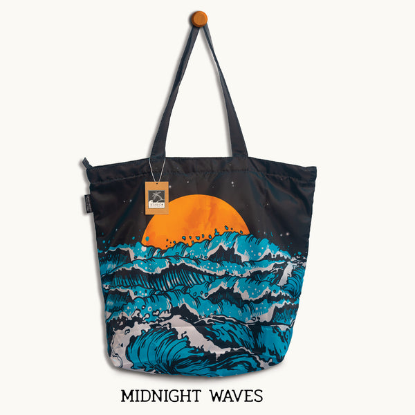 กระเป๋าถุงผ้าโพลีเอสเตอร์  [Midnight Waves : Foldable shopping bag]